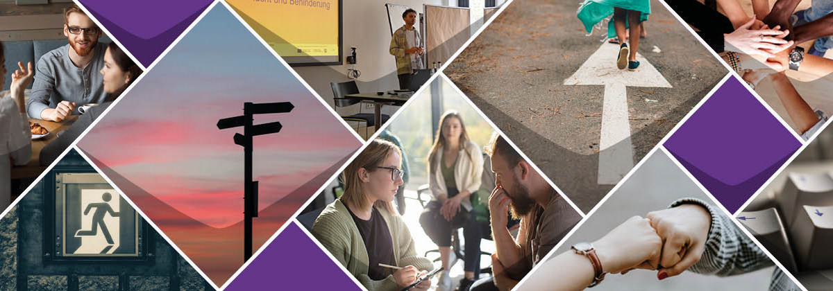 Collage aus Bildern: Wegweiser vor Sonnenaufgang, Zwei Personen in einer Baratung, Präsentation und Präsentator, zum Beine einer Person laufen auf einer Straße, Gesprächssituation in einer Gruppe, Schild eines Notausgnges, Tasten einer Tastatur und zwei Hände die sich begrüßen 