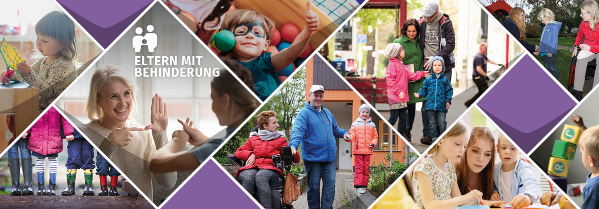Fotocollage aus Bildern von: Kind schneidet Papier, Füße Kinder mit Gummistiefel, Kind im Bällebad, Familie in der Stadt, Mutter gebärdet mit Tochter, Mutter im Rollstuhl , Laptop, Fußgänger, Rollstuhl beim Einsteigen in die Bahn, Mensch der gebärdet, Blindenleitsystem und Fußgängerampel-Bedarfsknopf
