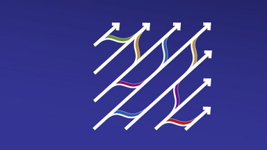 Logo Kooperation statt Konkurrenz Das Logo des Kongress "Kooperation statt Konkurrenz". Blauer Hintergrund mit Pfeilen auf der rechten Seite die nach schräg oben zeigen und untereinander vernetzt sind.