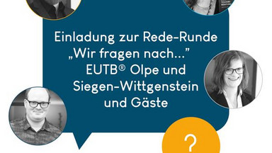 Das Bild zeigt das Logo der Veranstaltungsreihe Rede-Runde der EUTB Siegen-Wittgenstein. Das Bild zeigt das Logo der Veranstaltungsreihe Rede-Runde der EUTB Siegen-Wittgenstein. In der Mitte steht ein blaue Sprechblase. In der Sprechblase der Text: EInladung zur Rede-Runde mit dem Titel Wir fragen nach. An jeder der vier Ecken der Sprechblase ist eine Person abgebildet. Es sind die Veranstalter der EUTB Siegen-WIttgenstein.