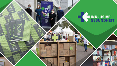 Fotocollage aus Bildern von: Logo der Kampagne Inklusive Gesundheit, Bilder aus der Redaktion, Übergabe des Handbuches vor Hochschule, Bildschirm einer Zoomsitzung, Frau MIddendorf, Titelseiten der KSL-Konkret #5