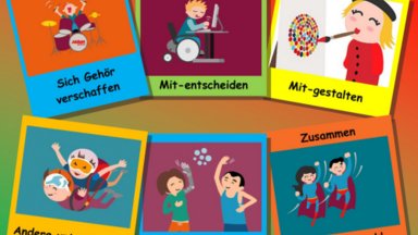 Bilder zu den Themen "Sich Gehör verschaffen", "Mit-reden", "Mit-entscheiden", "Mit-gestalten", Andere unterstützen, Gemeinsame Sache machen, Zusammen sind wir stark!
