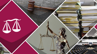 Themenbild zum Thema Alles was Recht ist mit einer Bildercollage aus Akten, einer Justizia, einem Richterhammer, einer Eu-Flagge und dem EU-Parlamentund