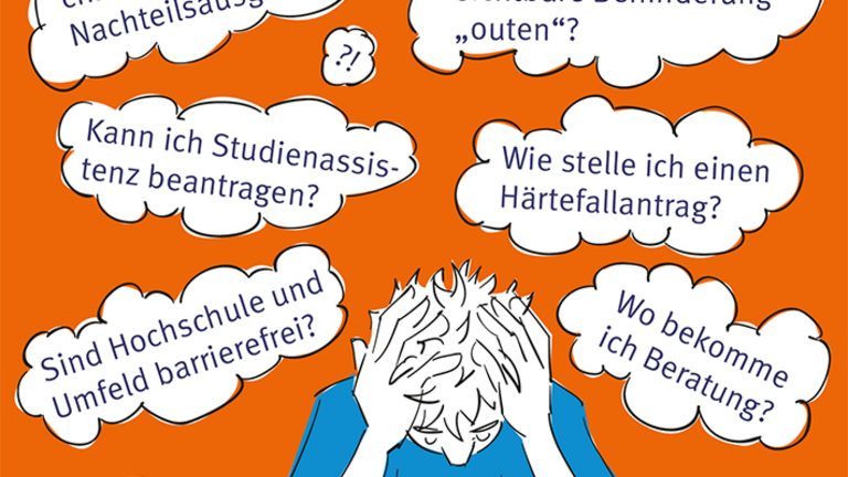 Ein Bild mit einer Person. Über hier Gedanken-Wolken, mit offenen Fragen zum Thema studieren mit Behinderung/ chronischer Erkrankung.
