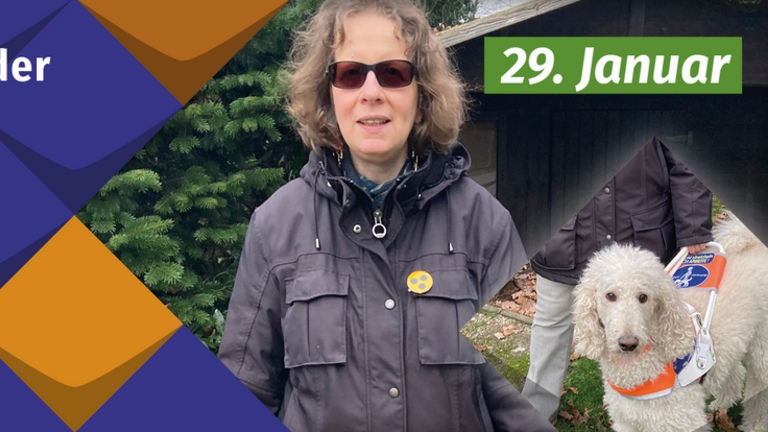 Foto von Cornelia Drauschke und Blindenführhund Sherlock. Es steht geschrieben: Internationaler Tag der Blindenführhunde, 29. Januar