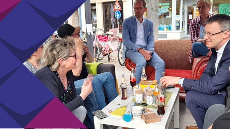 Foto vom Gespräch zwischen Anke Schwarze, Ansgar Mertens, Christian Germing, Sandra Sonnenberger und Alfons Wecker in Lüdinghausen.