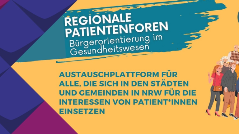 Ausschnitt des Einladungsflyers der regionalen Patientenforen. Text: Regionale Patientenforen, Bürgerorientierung im Gesundheitswesen. Austauschplattform für alle, die sich in den Städten und Gemeinden für die Interessen von Patient:innen einsetzen. 