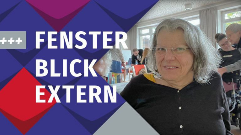 Ein Foto von Ellen Romberg-Hoffmann mit dem Titel Fensterblick Extern, eingerahmt in bunten Kacheln des KSL.NRW/Links oben steht +++neu im Blog +++
