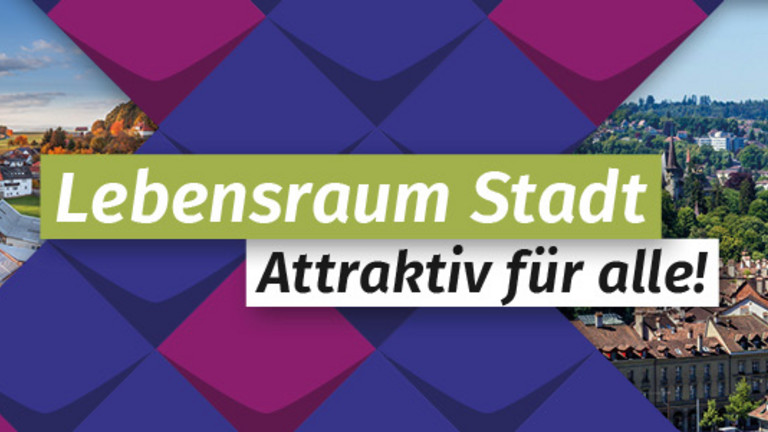 Foto von einem Dorf und einer Stadt von oben, darüber der Text "Lebensraum Stadt - Attraktiv für alle!"