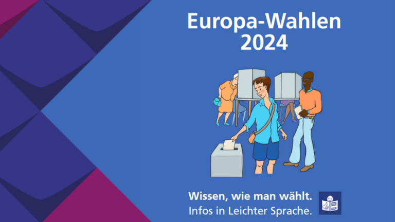 Zeichnung von Menschen, die ihren Stimmzettel in die Wahlurne werfen. Text: Europawahl 2024, Wissen, wie man wählt. Infos in Leichter Sprache