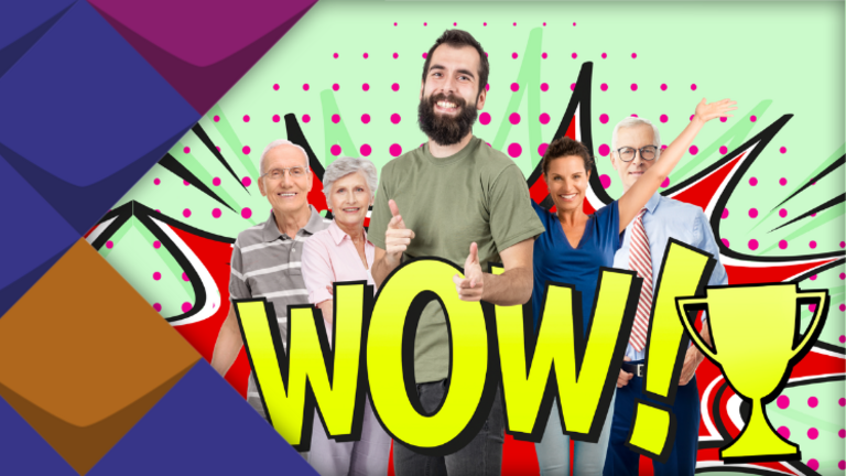 Fünf Menschen verschiedenen Alters lachen in die Kamera. Darunter die comicartige Darstellung eines Pokals mit der Unterschrift "WOW".