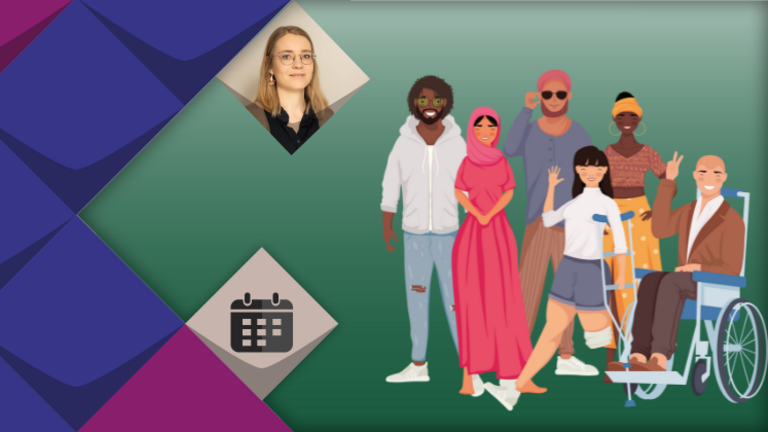 Grafik von Personen mit verschiedenen Behinderungen und Hauttönen, ein Portraitfoto von Debora Stockmann, ein Kalendersymbol, Hintergrundfarbe ist Markenfarbe der Grünen-Partei