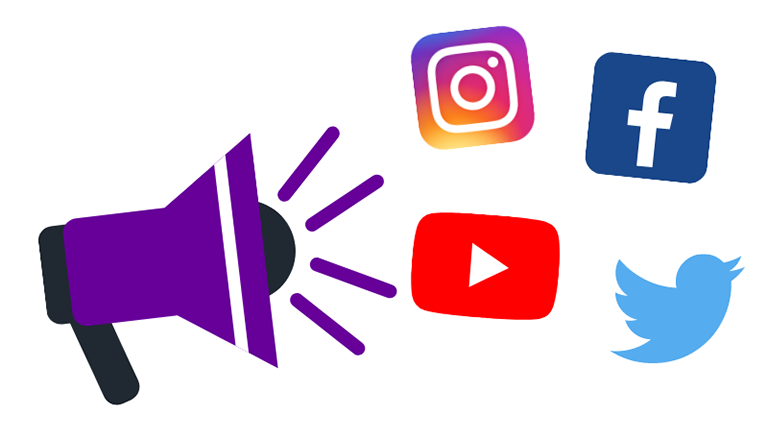 Man sieht einen Lautsprecher und die Symbole von Instagram, Facebook, YouTube, Twitter