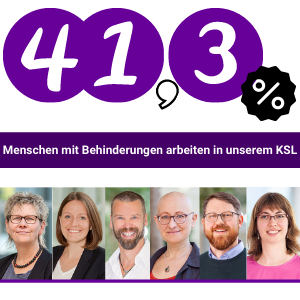 Man sieht Fotos von Anke Schwarze, Johanna Hülskamp, Oliver Schneider, Natascha Schlenstedt, Tomik Leusbrock und Christina Graff. Es steht geschrieben: 41,3 Prozent Menschen mit Behinderungen arbeiten in unserem KSL