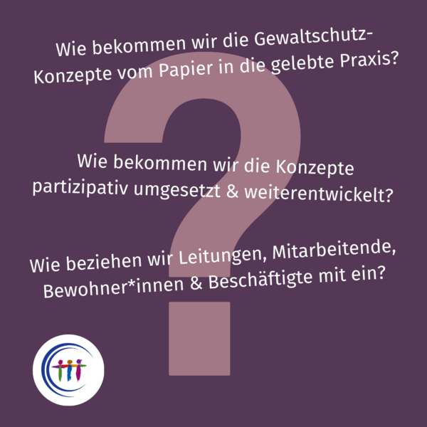 Ein Fragezeichen ist abgebildet. Es steht geschrieben: Wie bekommen wir die Gewaltschutz-Konzepte vom Papier in die gelebte Praxis? Wie können wir die Konzepte partizipativ umsetzen und weiterentwickeln? Wie gelingt dies au Augenhöhe zwischen den Bewohner*innen, Beschäftigten, Leitung und Mitarbeitenden?