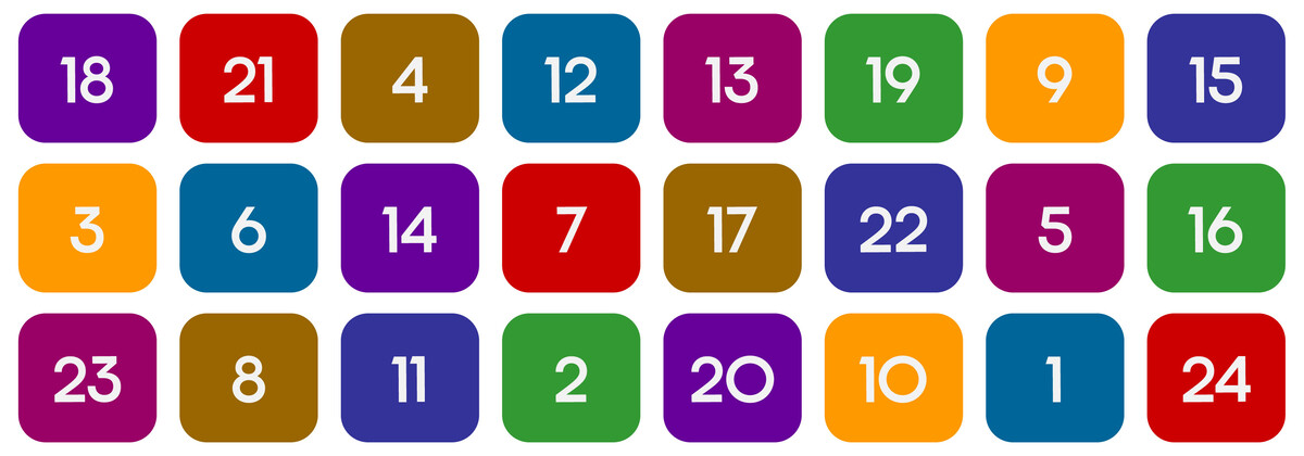 Adventskalender mit 24 bunten Feldern.